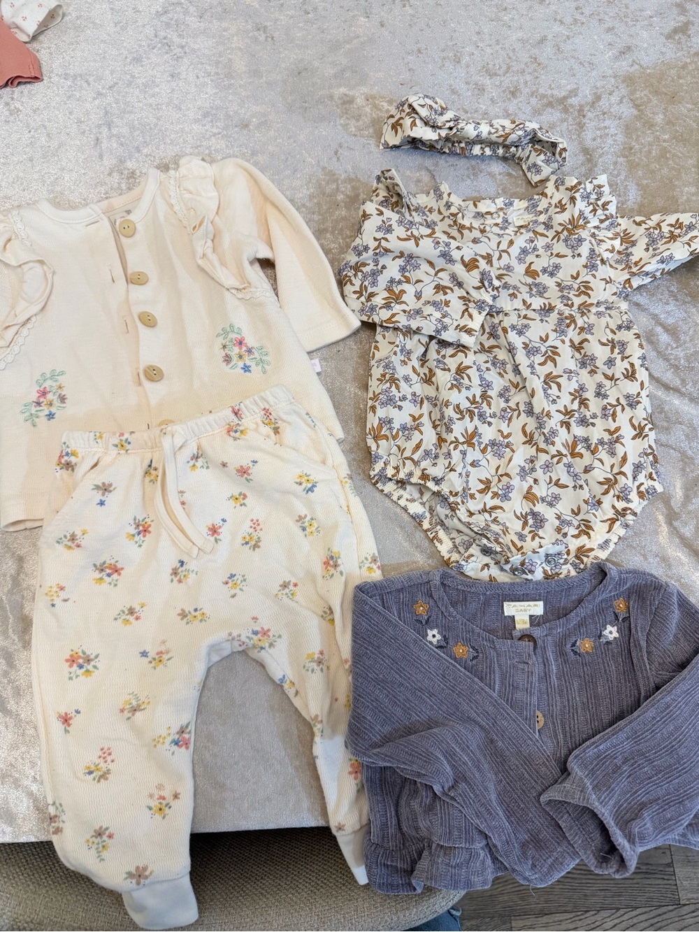 Tanya-b Cream Floral Knit Pants & Top Set with Blue Floral Cardigan